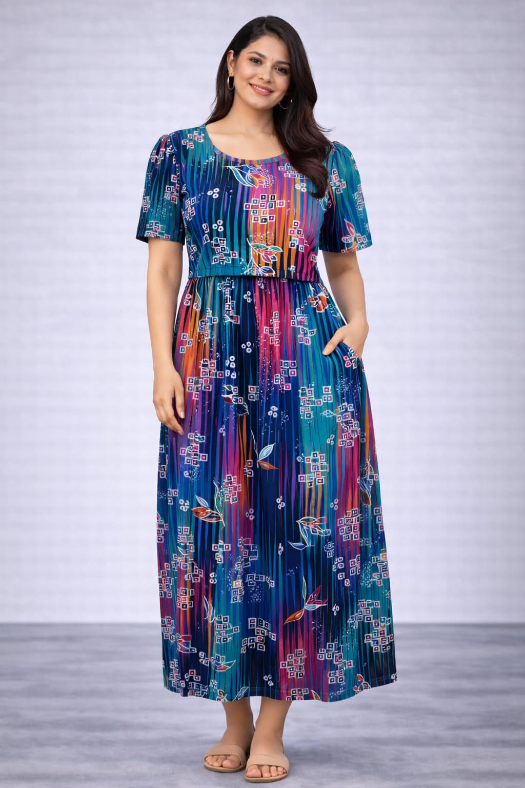 Woman wearing a colorful dress with a abstract pattern on a gray background