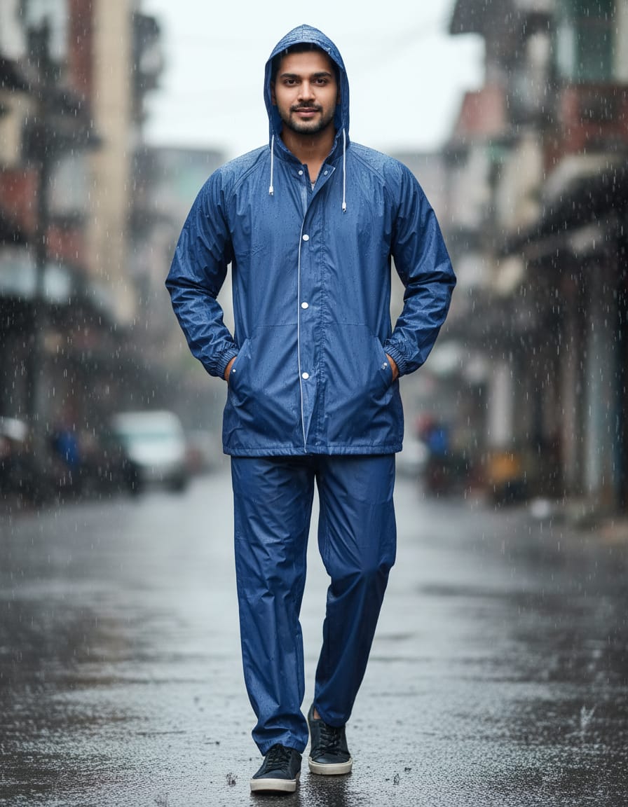 Men's Heavy-Duty PVC Waterproof Raincoat Suit with Hood & Pants – Blue All-Weather Rain Suit | I For U Garments