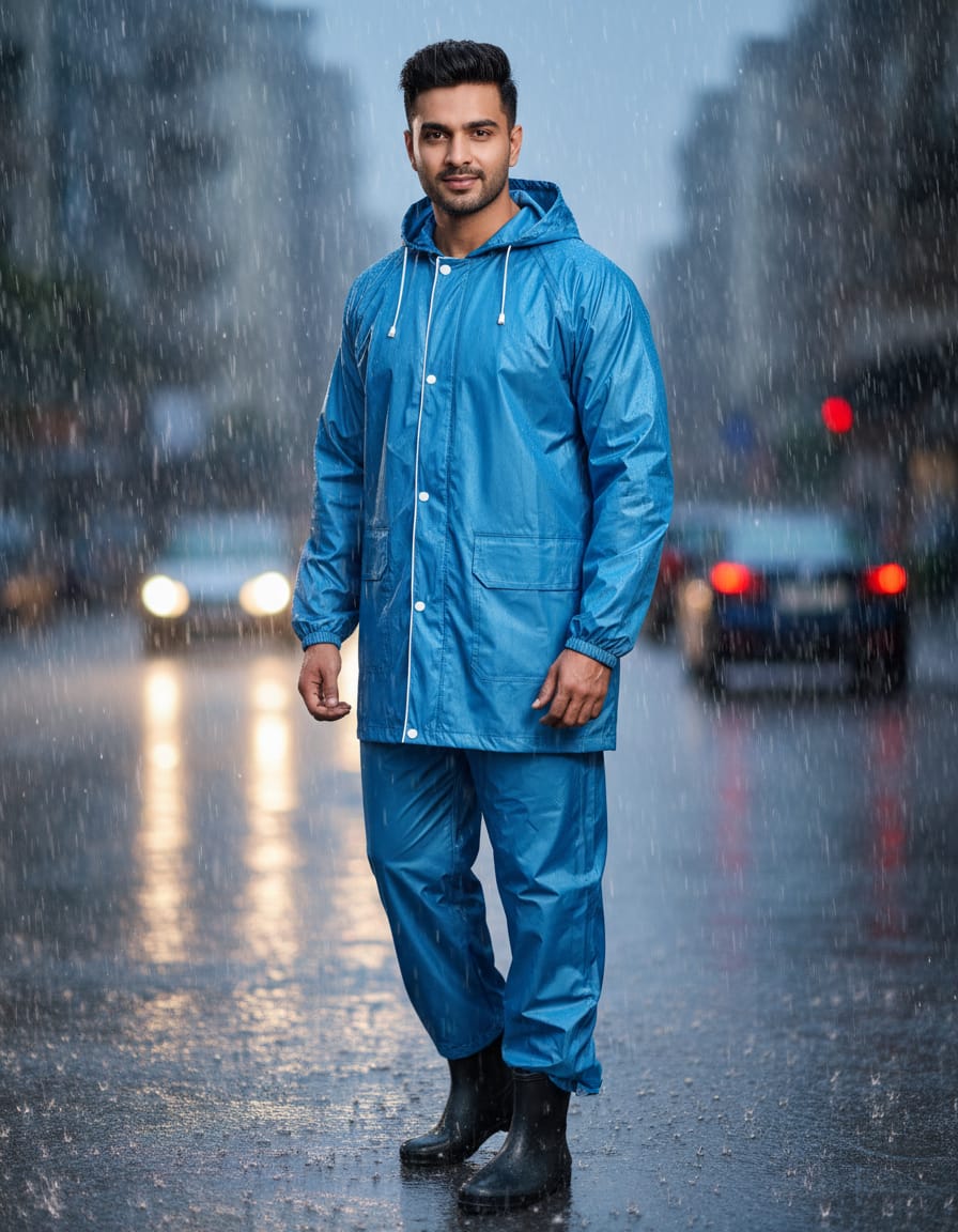 Men's Heavy-Duty PVC Waterproof Raincoat Suit with Hood & Pants – Blue All-Weather Rain Suit | I For U Garments