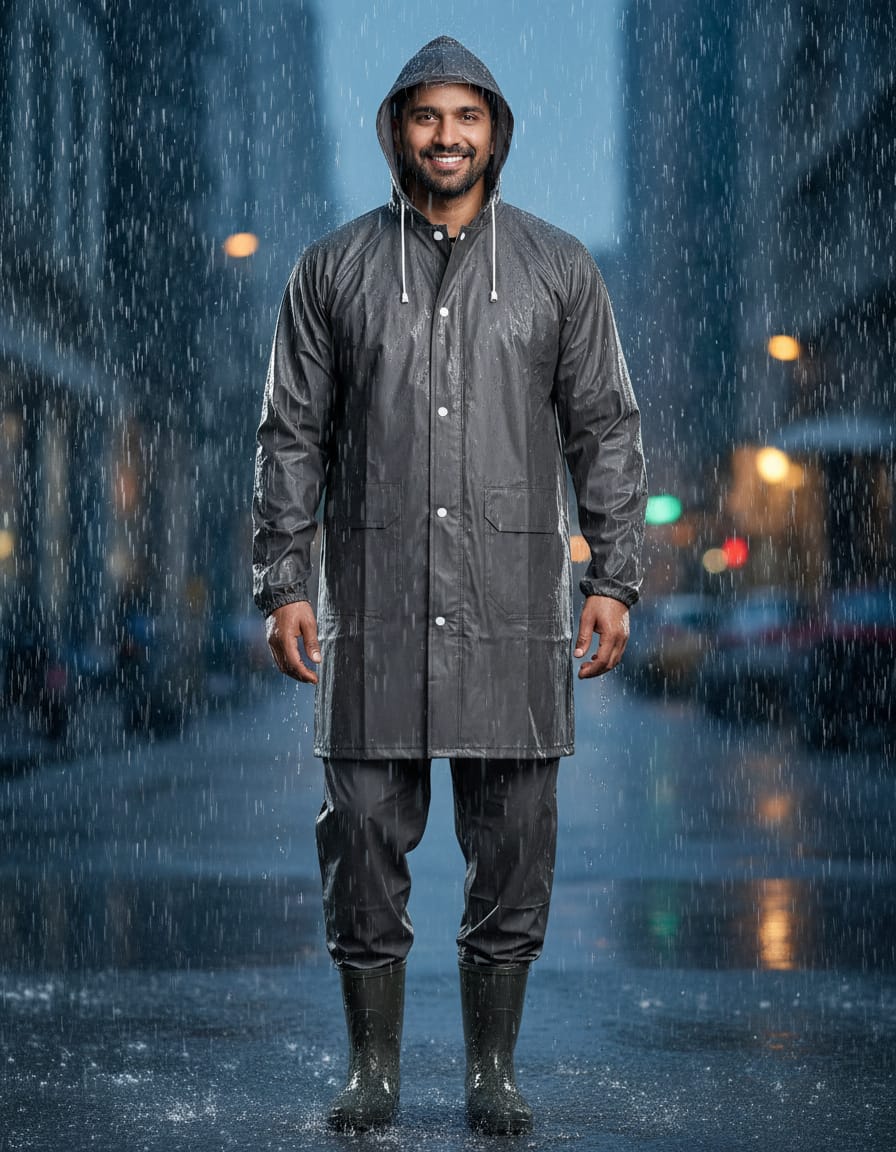 Men's Heavy-Duty PVC Waterproof Raincoat Suit with Hood & Pants – Blue All-Weather Rain Suit | I For U Garments