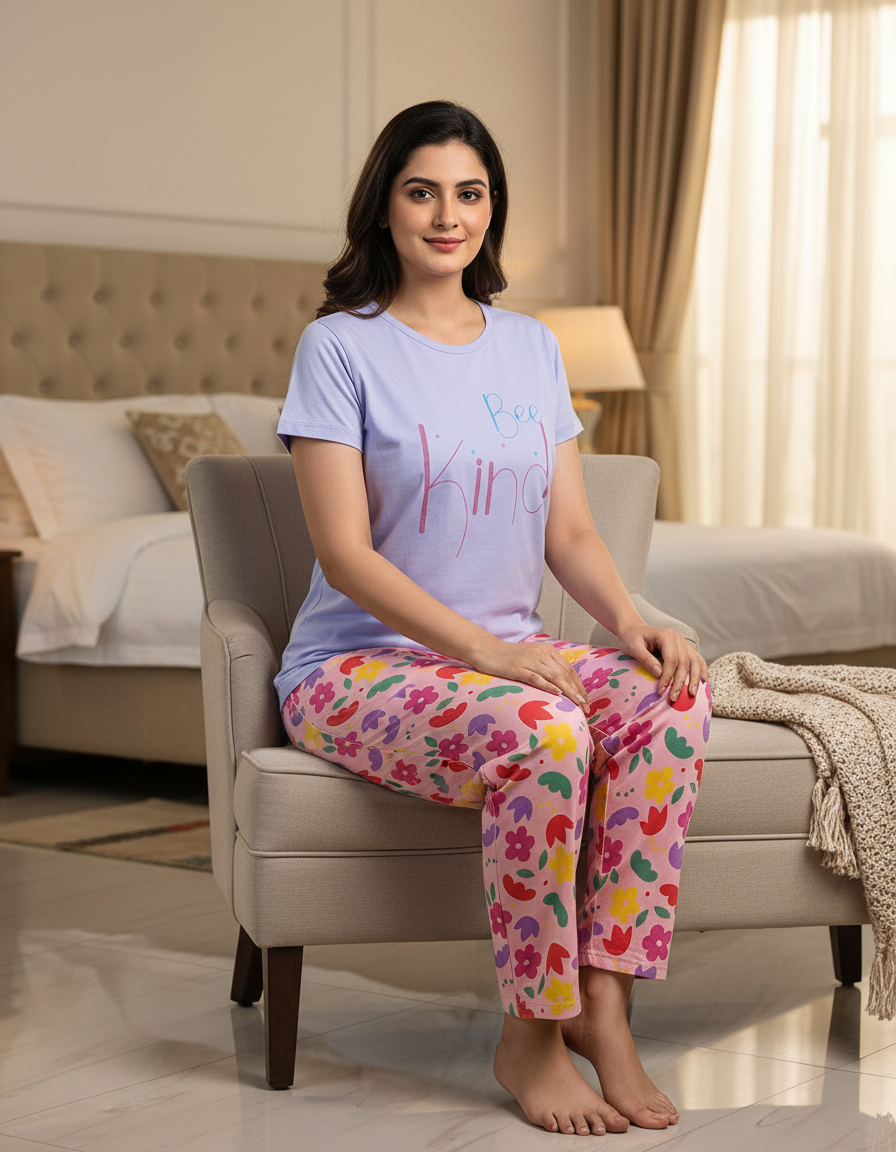 Ladies Knitted Night Suit Set - Round Neck