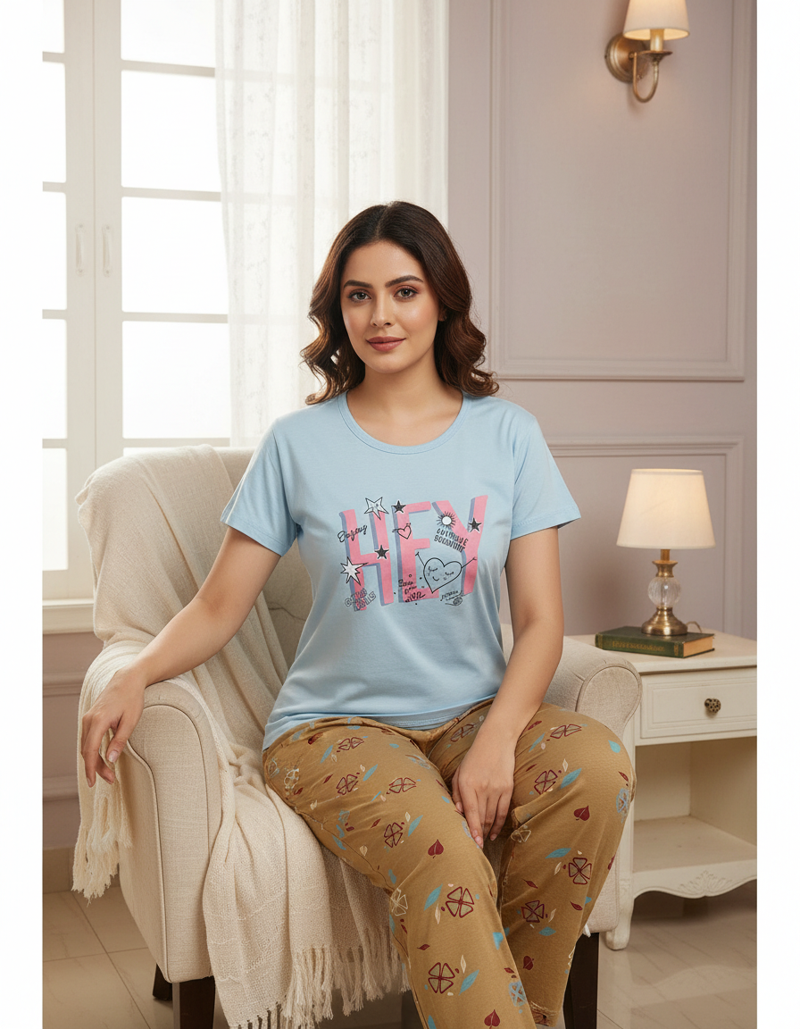 Ladies Knitted Night Suit Set - Round Neck
