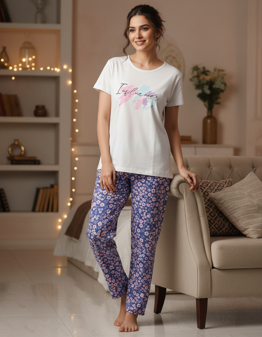 Ladies Knitted Night Suit Set - Round Neck