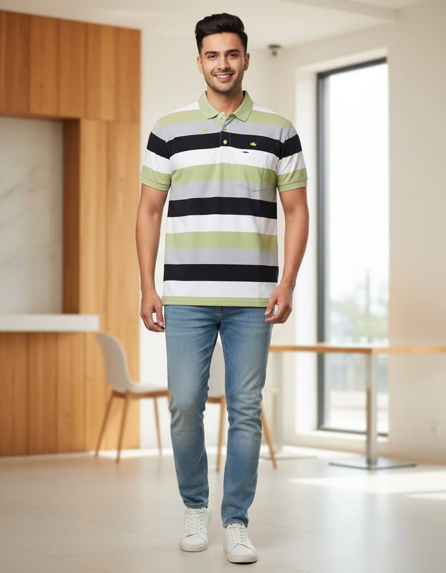 ESSA Striped Polo T-Shirt - Pale Green, Black & White