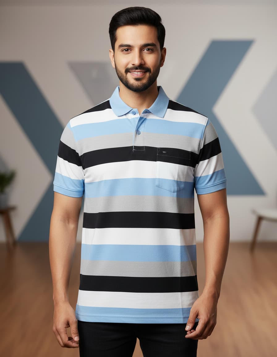 ESSA Striped Polo T-Shirt - Blue, Black & White
