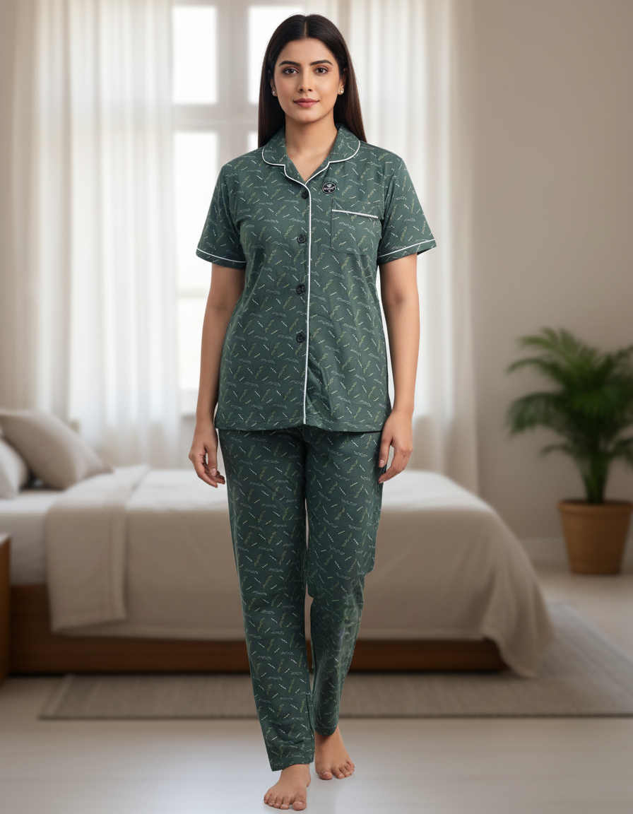 Ladies Polo Collar Night Suit Set - Dark Green
