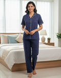 Ladies Polo Collar Night Suit Set - Navy Blue
