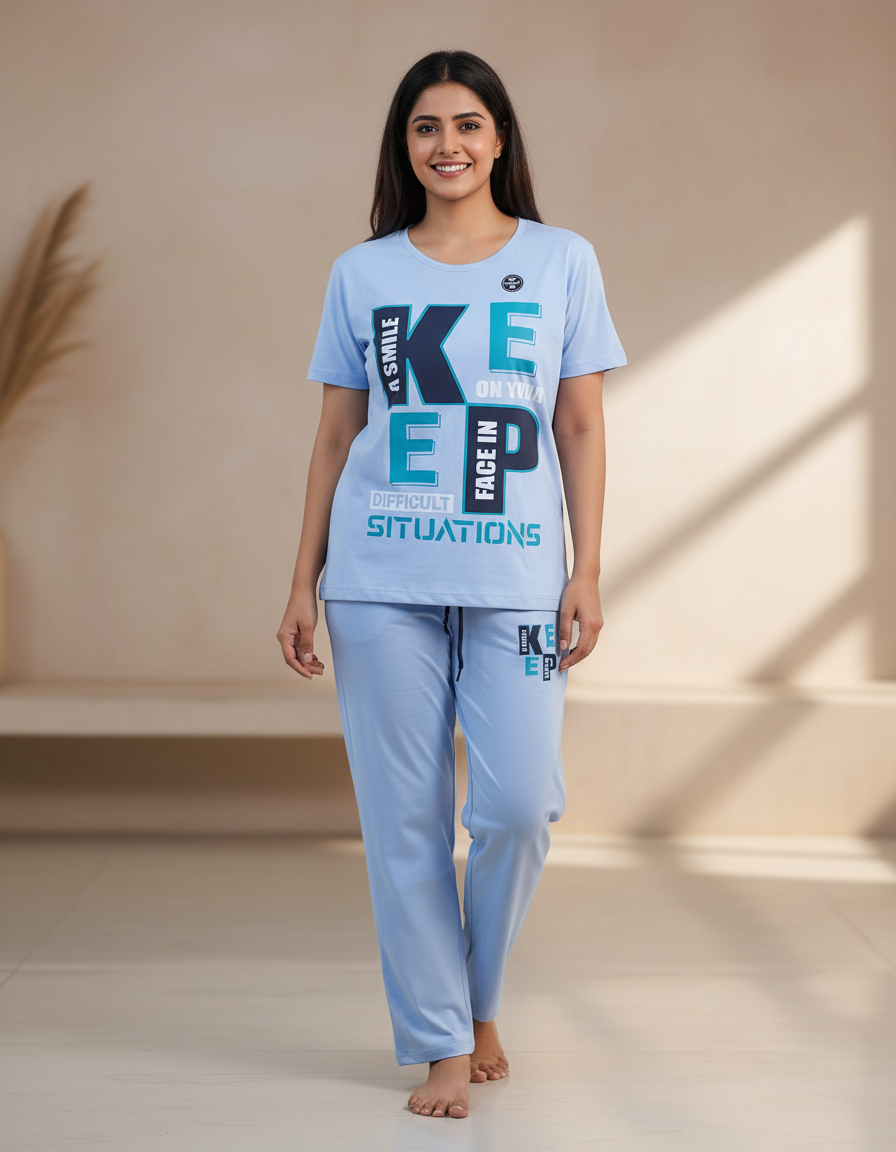 Ladies Tencel Night Suit Set Round Neck - Sky Blue