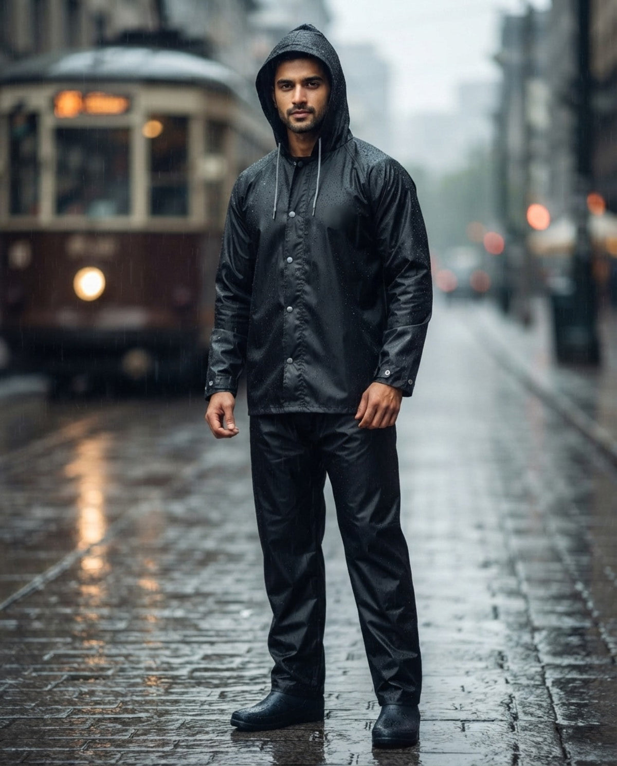 Men's PVC-free coated raincoat and pants set in black