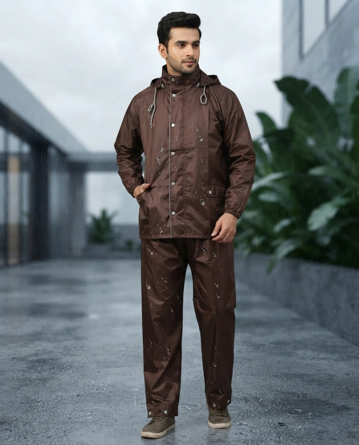 Men's PVC-free coated raincoat and pants set in brown