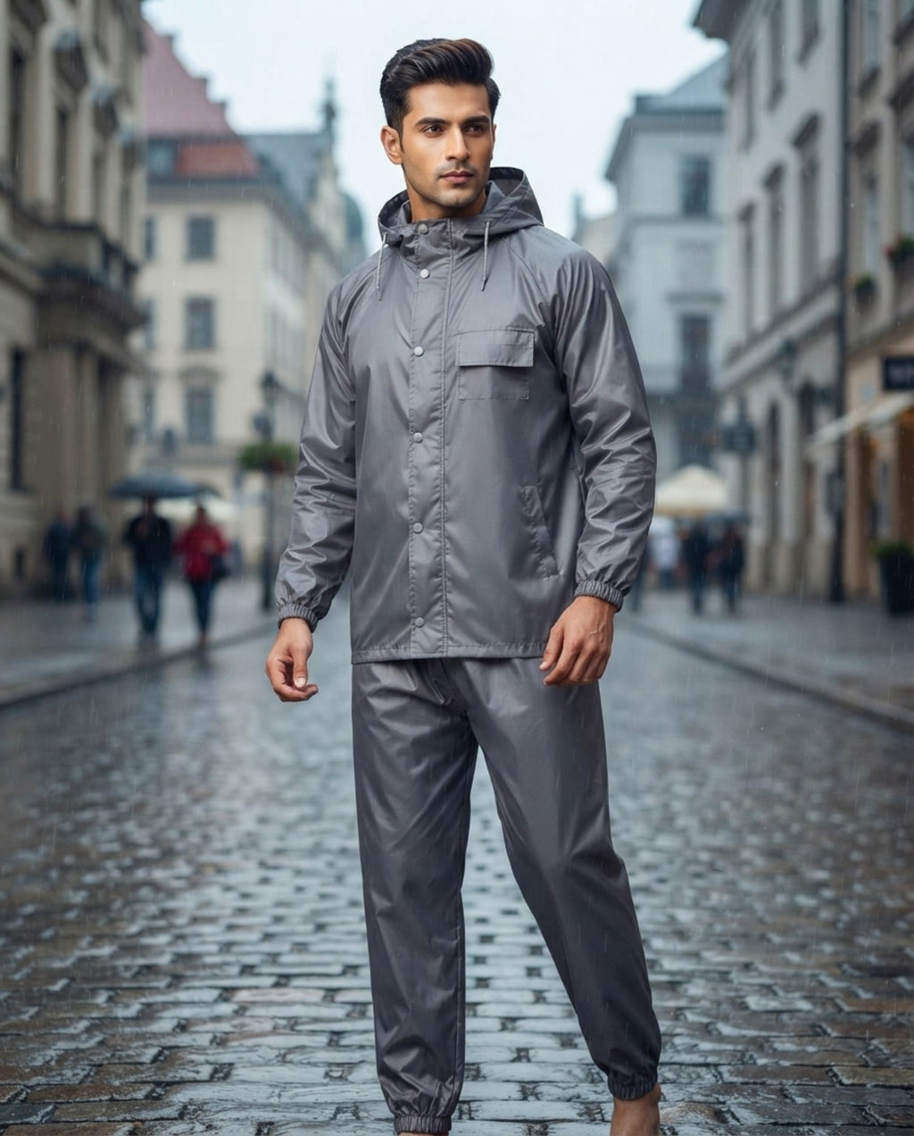 Men's PVC-free coated raincoat and pants set in grey