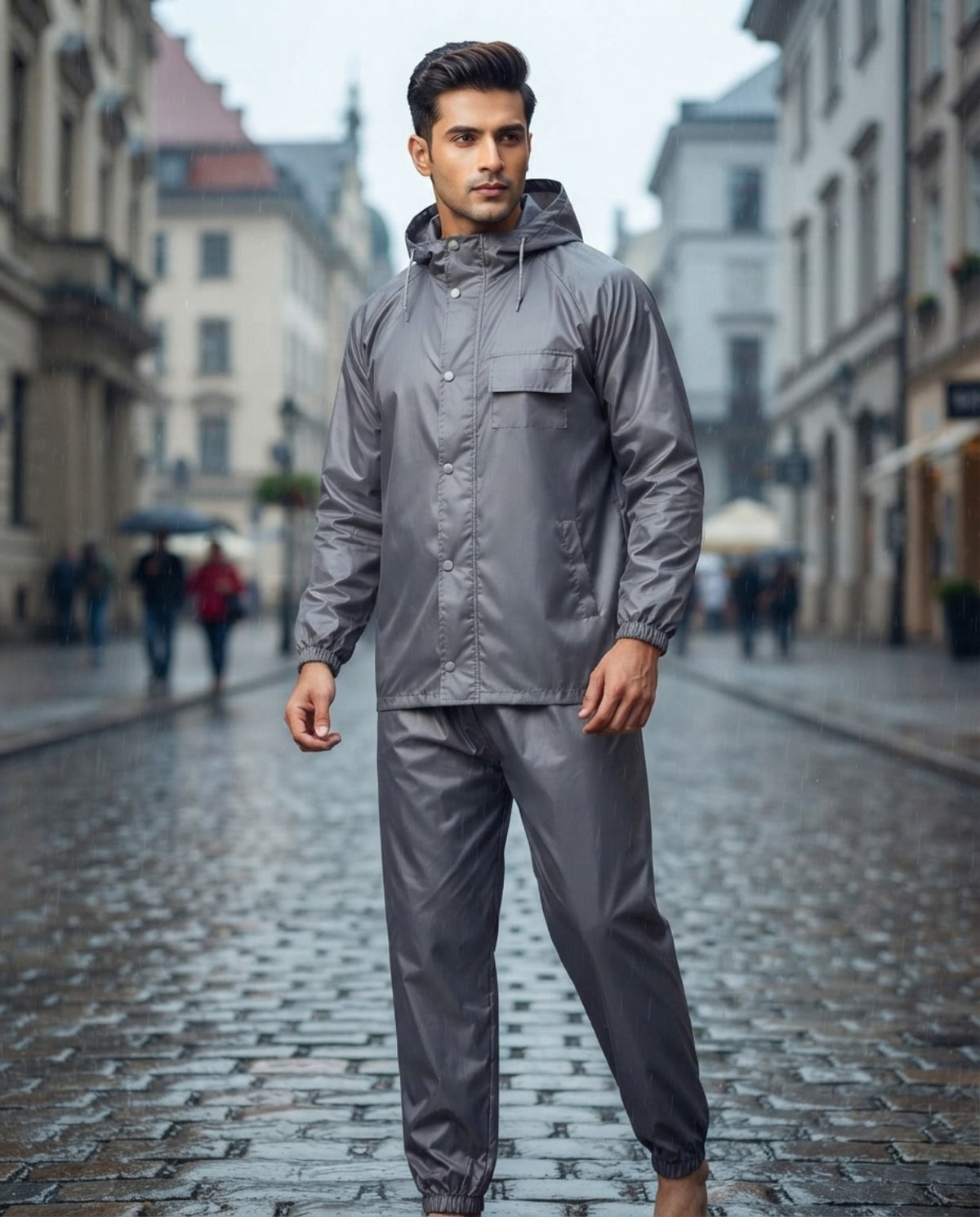 Men's PVC-free coated raincoat and pants set in grey