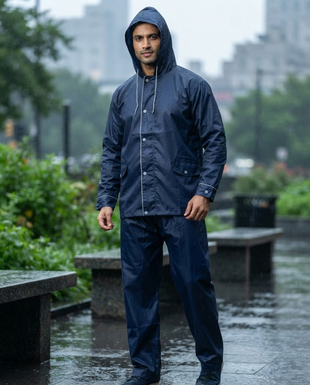 Men's PVC-free coated raincoat and pants set in navy blue